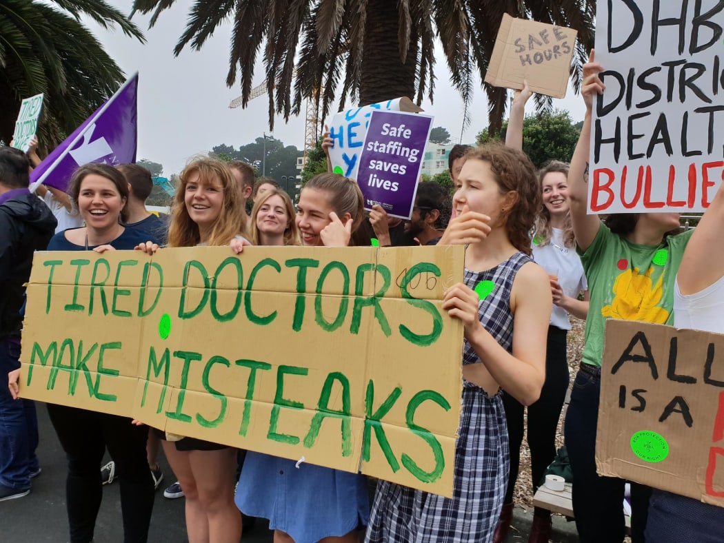 Junior doctors striking outside Wellington Hospital today.