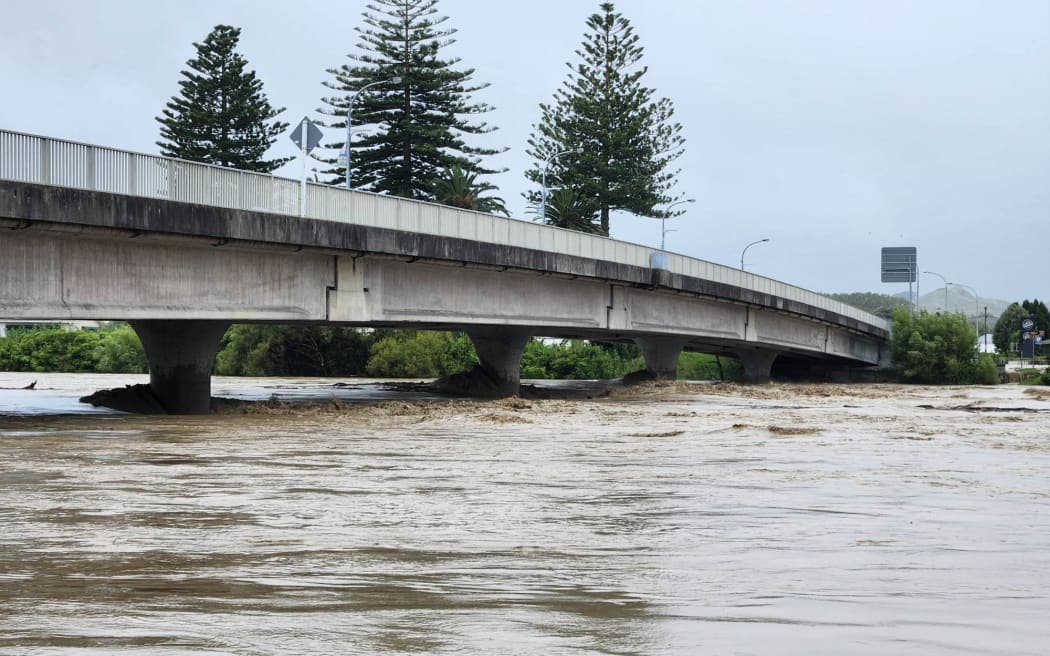 A bridge in Wairoa where the river burst its banks, inundating houses in the cut-off northern Hawke's Bay town.