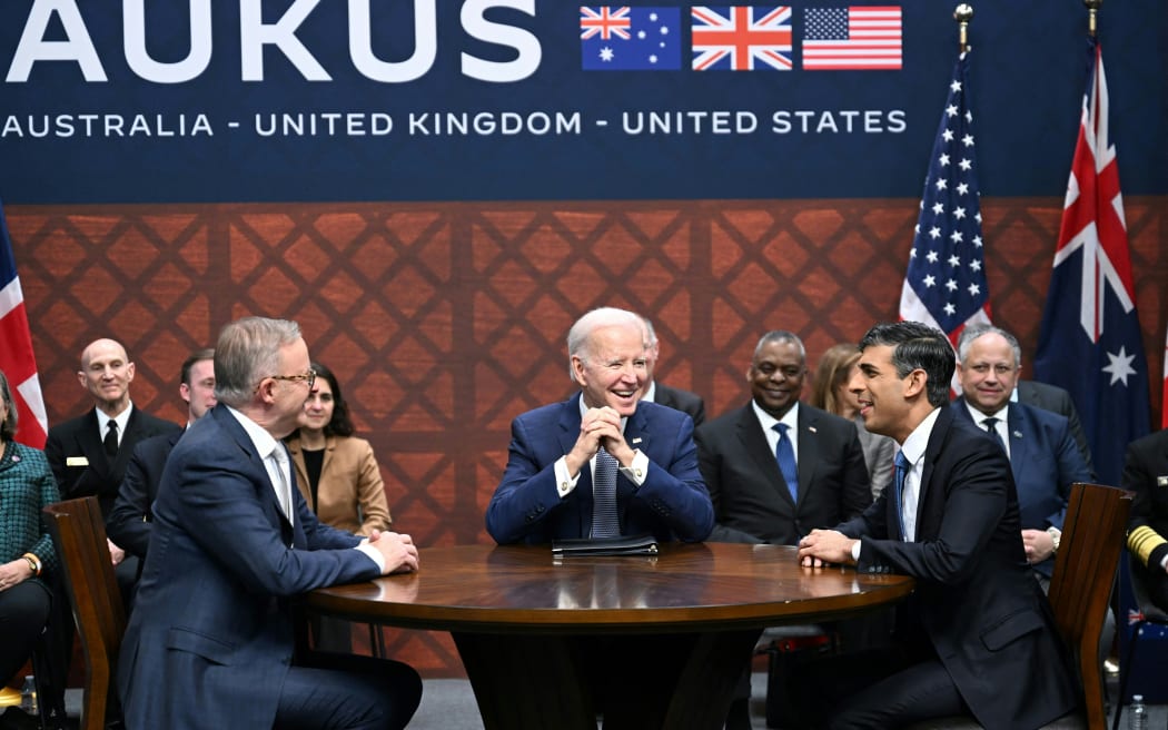 US President Joe Biden (centre) participates in a trilateral meeting with British Prime Minister Rishi Sunak (right) and Australia's Prime Minister Anthony Albanese (left) during the AUKUS summit on 13 March, 2023 (US time), at Naval Base Point Loma in San Diego California.