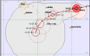 Predicted track of Cyclone Ula.  Tonga to Fiji.