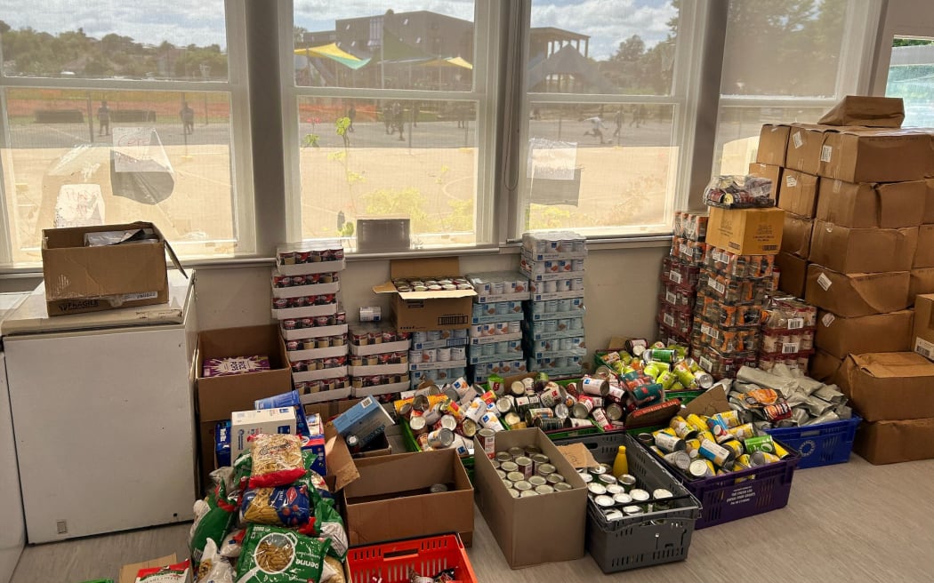 Food collected by the Ark Project in Mt Roskill for distribution in kai parcels.