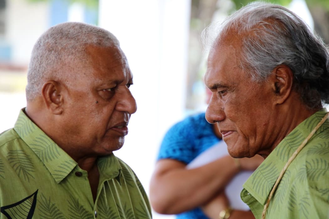 Fiji prime minister Frank Bainimarama (left) and Tonga prime minister Akilisi Pohiva both spoke on the issue of West Papua at the Pacific Islands Forum in Tuvalu. August 2019.