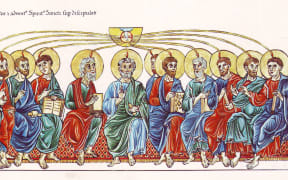 Medieval western illustration of the Pentecost from the Hortus deliciarum of Herrad of Landsberg (12th century)