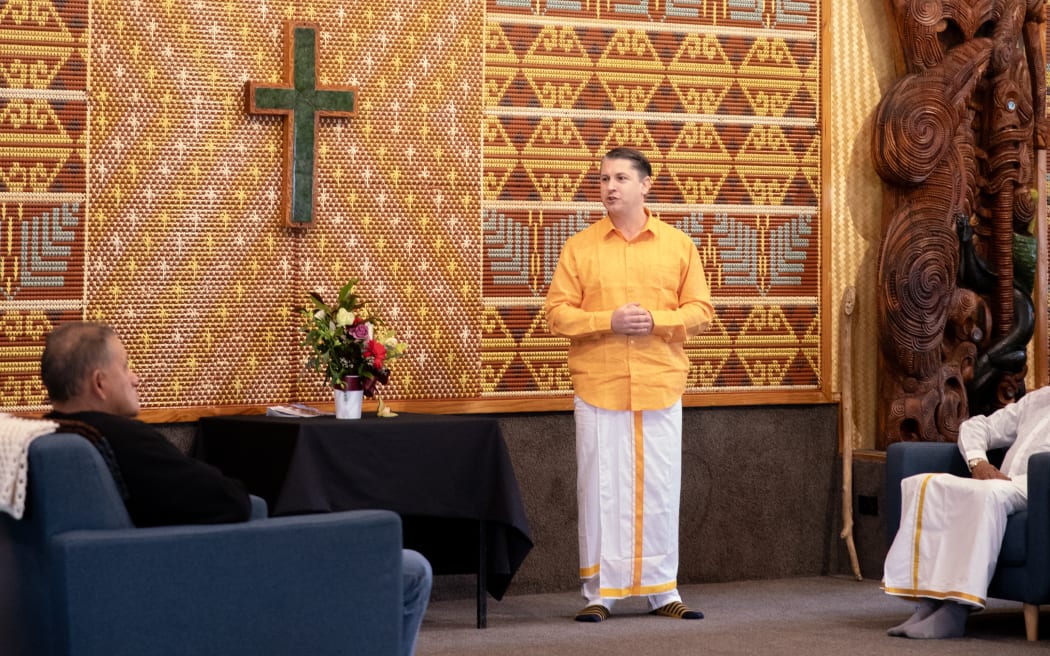 Mount Roskill lawmaker Michael Wood speaks at the Tamil-Māori hui in Auckland.