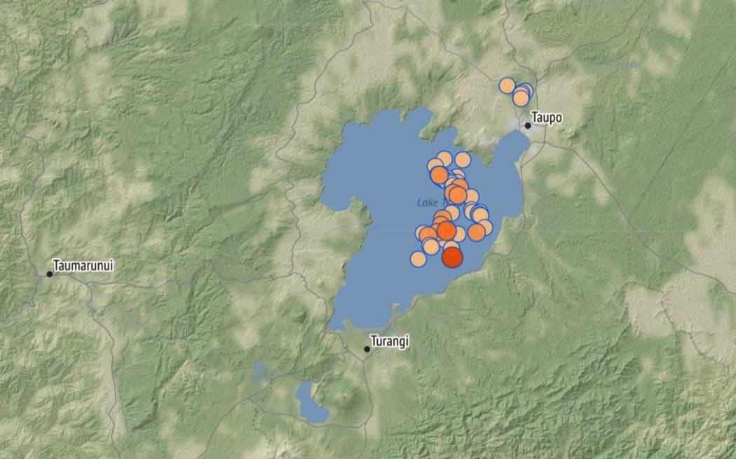 Map showing locations of aftershocks at Lake Taupō. Aftershocks continued on Friday after the 5.6 quake at 11.47pm on 30 November.