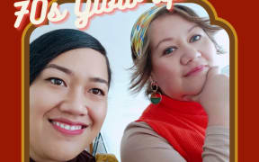 Close up of our hosts Maria and Jaimee looking pretty glam in 70s style clothing. The image is framed with a border in red 70s colouring and the caption "70s Glow up"