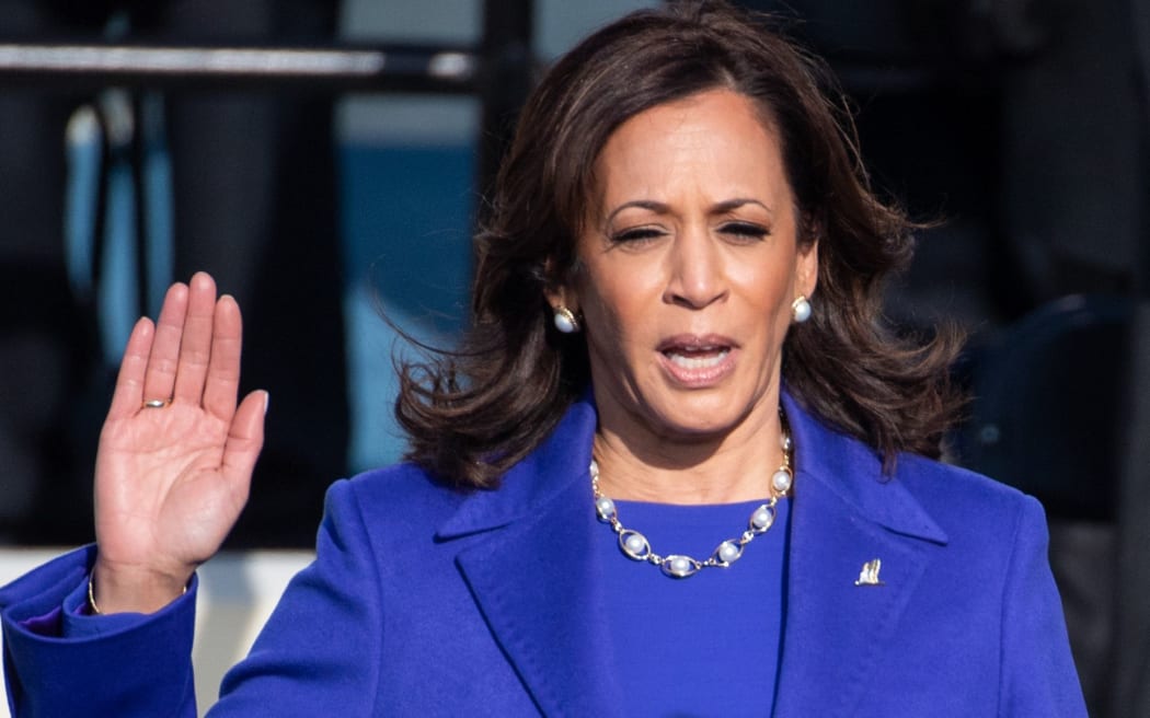 US Vice President Kamala Harris is sworn in as the 49th US Vice President by Supreme Court Justice Sonia Sotomayor on January 20, 2021, at the US Capitol in Washington, DC.