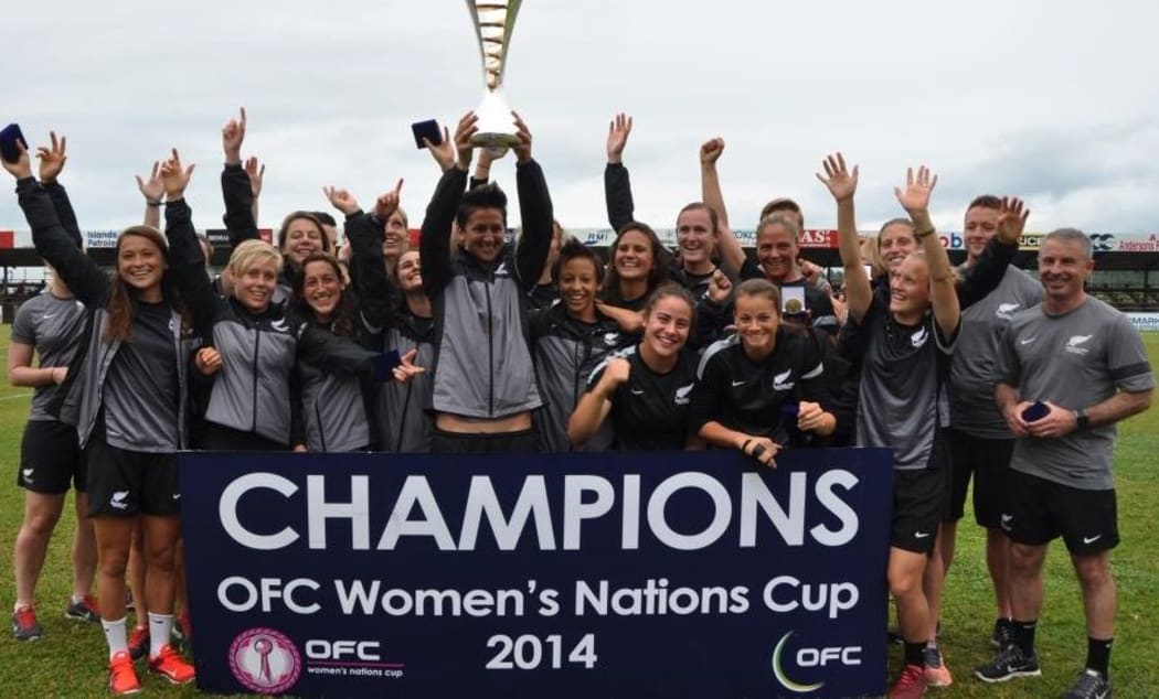 New Zealand Football Ferns hold aloft OFC Women's Nations Cup trophy