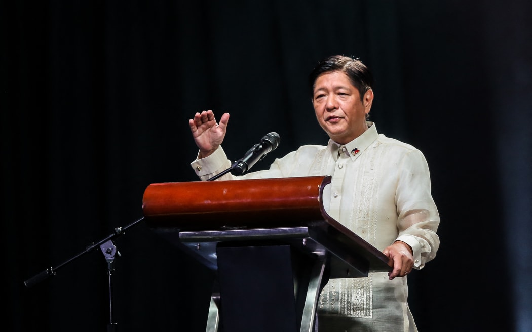Philippine President-elect Ferdinand Romualdez Marcos Jr delivers a speech in Makati City, the Philippines on June 10, 2022.