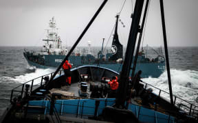 An image taken from Sea Shepherd vessel Steve Irwin showing a Japanese harpoon boat on 2 February.