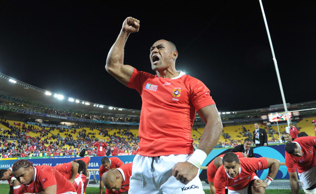 Tonga's Vungakoto Lilo leads a victory haka after they beat France in 2011.