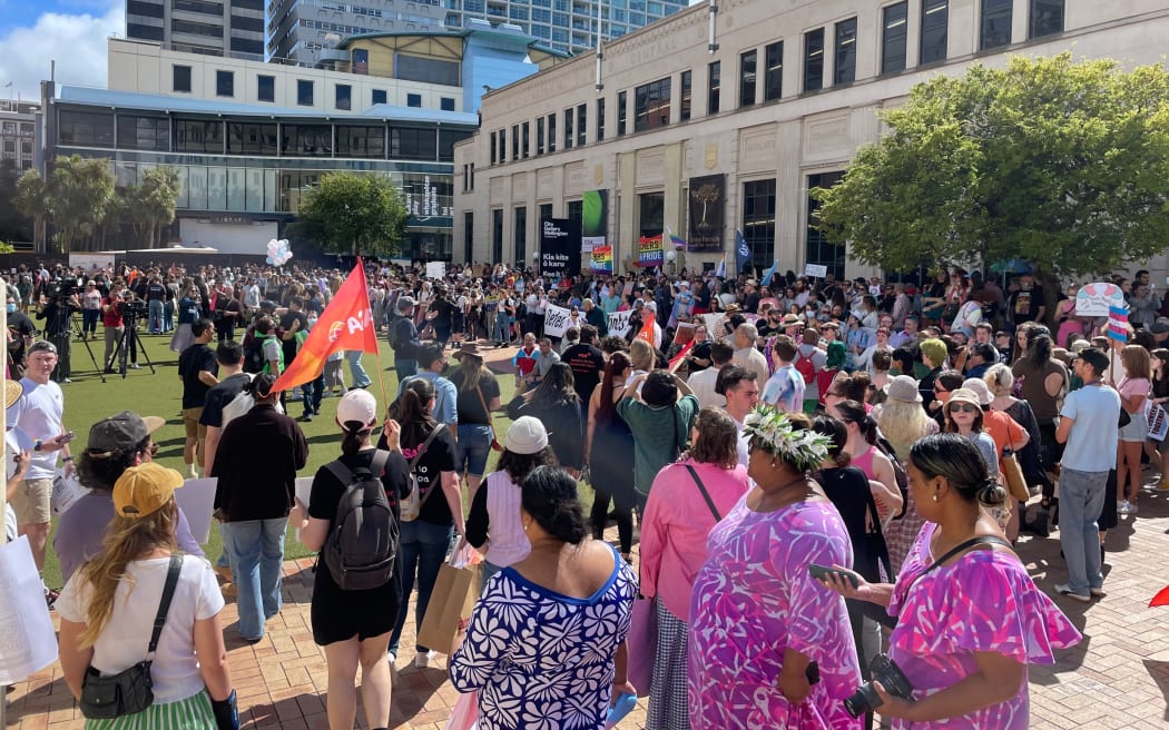 Supporters of the transgender community gather in Civic Square in Wellington.