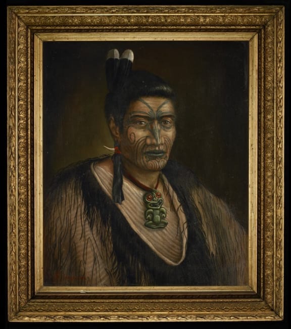 Portrait of a Maori man named as Hoani or Hamiora Maioha, and signed G Lindauer, but revealed to be a fake.