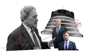 Collage of Winston Peters holding Christopher Luxon and David Seymour in front of the Beehive