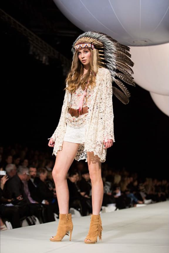 A model showcases designs by Trelise Cooper at New Zealand Fashion Week in Auckland.