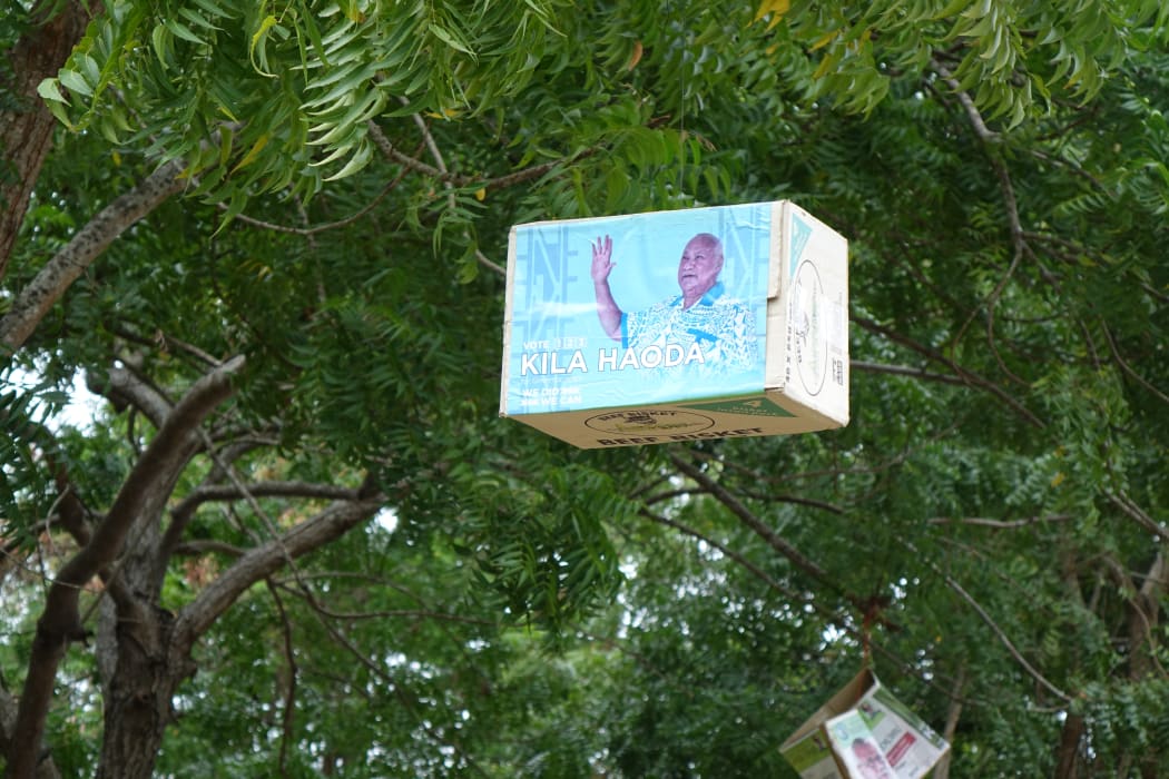 Trees are adorned with various campaign posters in Central Province.