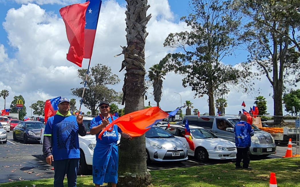 Toa Samoa fans gather to celebrate the team playing Australia in the Rugby League World Cup final on 20 November.
