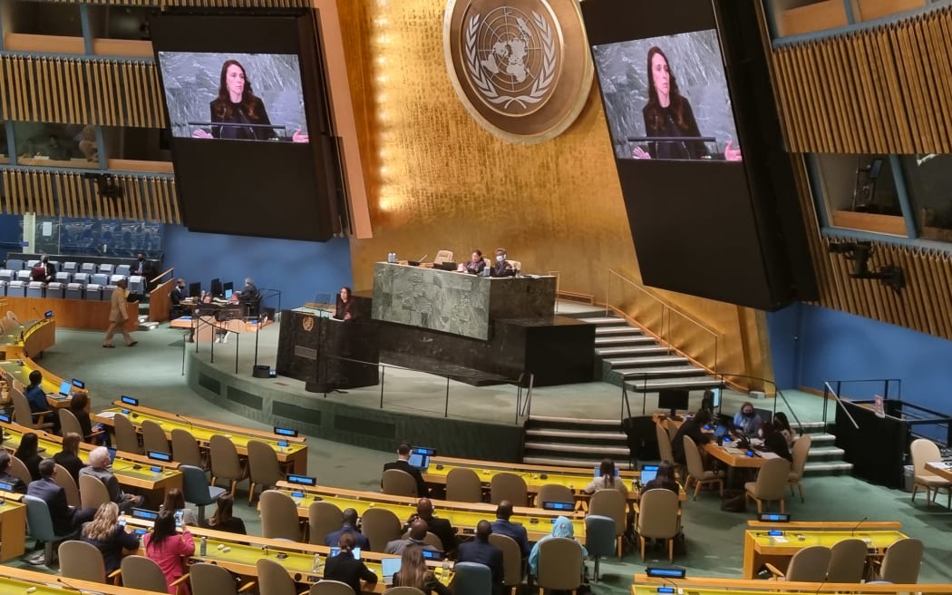 Jacinda Ardern making a speech to the UN General Assembly in New York on 24 September 2022.