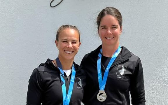 New Zealand canoe sprint athletes Dame Lisa Carrington and Aimee Fisher after winning gold and silver at the 2023 World Cup regatta in Hungary.
