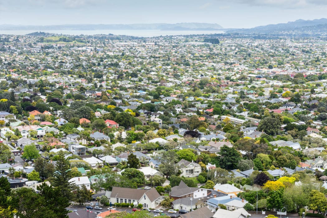 View from above of residential streets and houses   housing in Auckland.