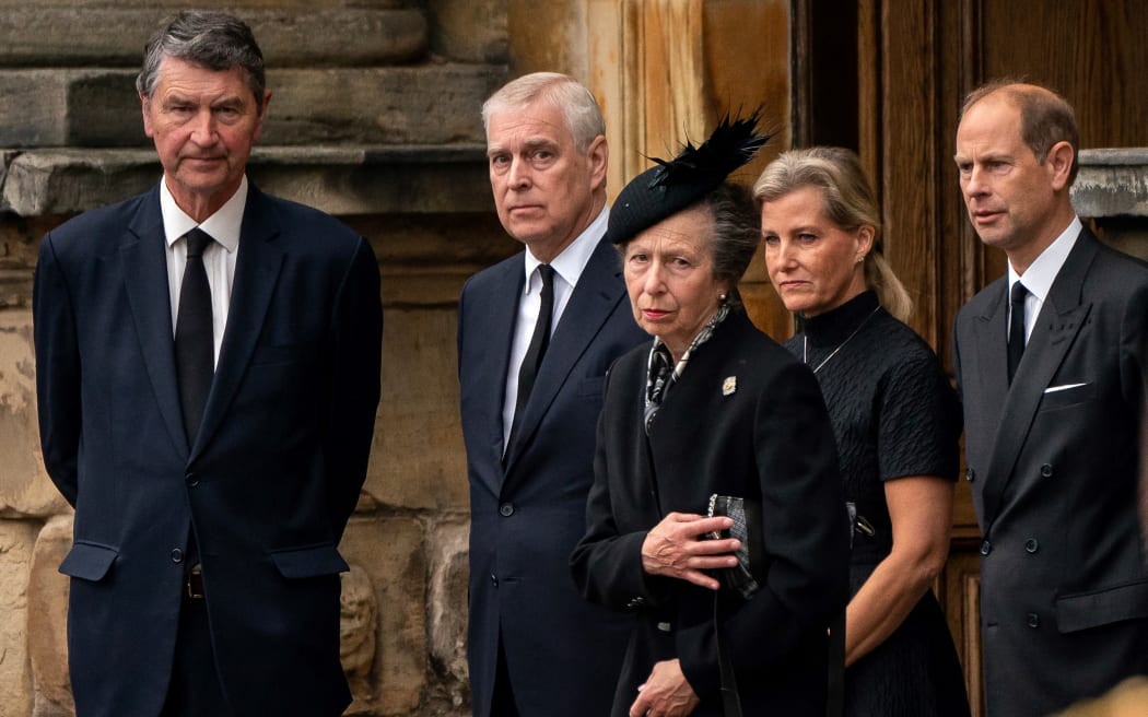 Lieutenant General Timothy Lawrence (left) Prince Andrew of England, Duke of York (2L), Princess Anne of England, Princess Royal (C), Sophie of England, Countess of Wessex (2R), Prince Edward of England, Earl of Wessex arrives waiting for  A hearse carries the coffin of the late Queen Elizabeth II at the Palace of Holyroodhouse in Edinburgh on September 11, 2022.