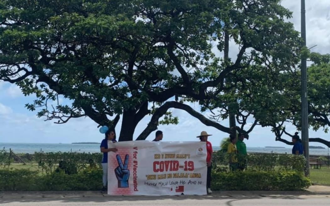 Tongan health workers promoting the Covid-19 vaccination drive.