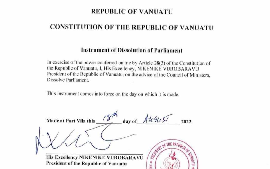 This copy of the signed instrument for the dissolution of the Vanuatu parliament - 18 August 2022