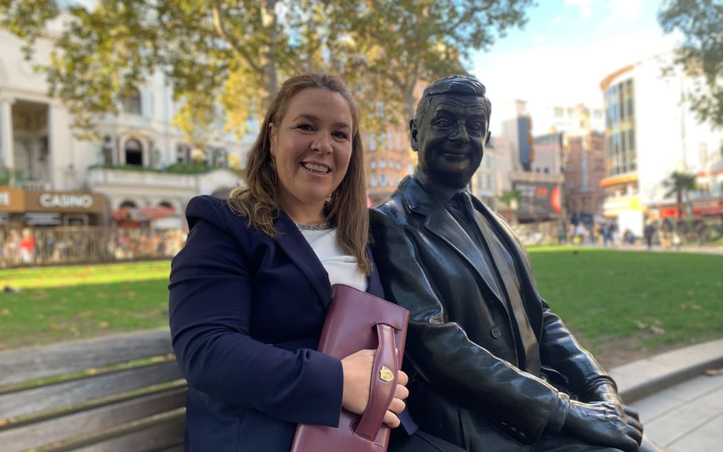 Beaudurof co-founder Jacqueline Gilbert sits next to a Mr Bean sculpture in Leicester Square, London.