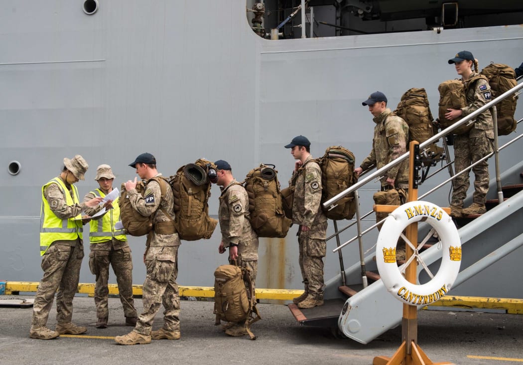 Royal New Zealand Air Force personnel disembark HMNZS Canterbury at the Port of Nelson to participate in Exercise Southern Katipo 2017.