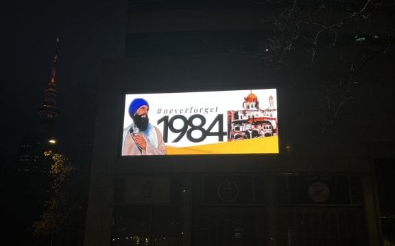 Billboard depicting the Khalistan separatist leader Amritpal Singh in Auckland CBD in June.
