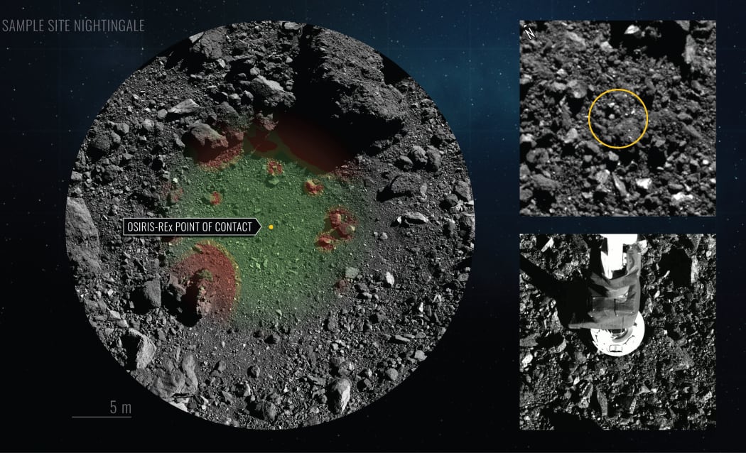 This NASA handout image obtained on October 21, 2020 shows Nightingale Hazard Map and TAG Location (L-top R) and NASA's robotic arm from spacecraft Osiris-Rex (bottom R) making contact with asteroid Bennu to collect samples. -