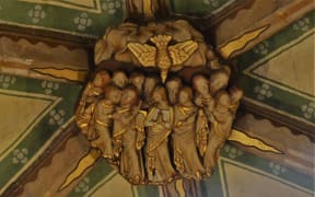 Tewkesbury Abbey, nave lierne vault boss: 'Pentecost'