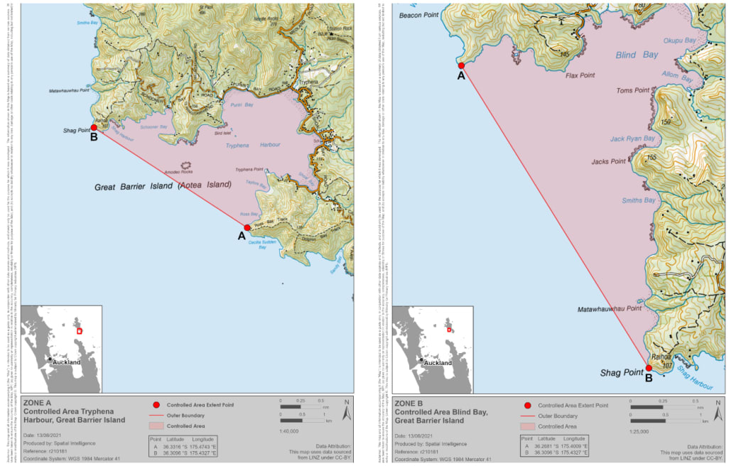 Maps showing the controlled areas on Tryphena Harbour (left) and Blind Bay on Great Barrier Island.