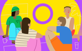 Stylised illustration of people sitting around intersex symbol
