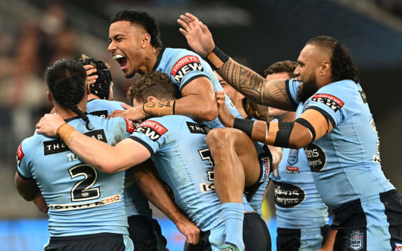 NSW Blues celebrate Game 2 of the 2022 State of Origin series in Perth.