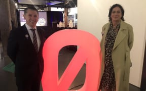 Transport Minister Michael Wood and Police Minister Poto Williams with one of the large illuminated 'Zero' symbols, which cost about $5000 each.