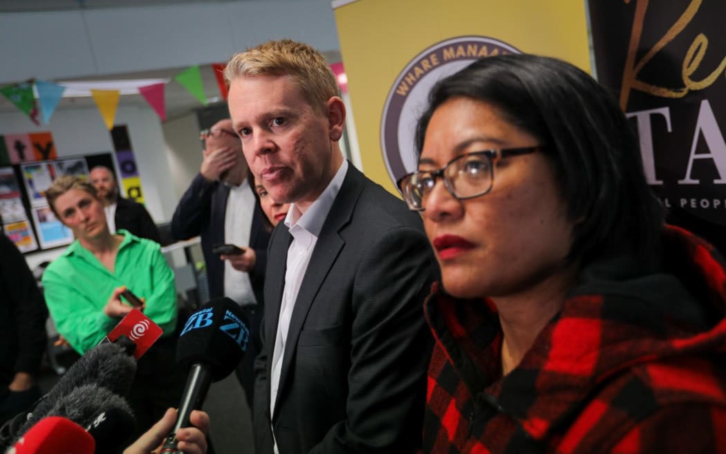 Labour's Chris Hipkins and Ginny Andersen during a media stand-up along the campaign trail in Porirua on 15 September, 2023.