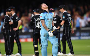 Ben Stokes shows the anguish of the scores being tied at the end of 50 overs in the final at Lord's.
