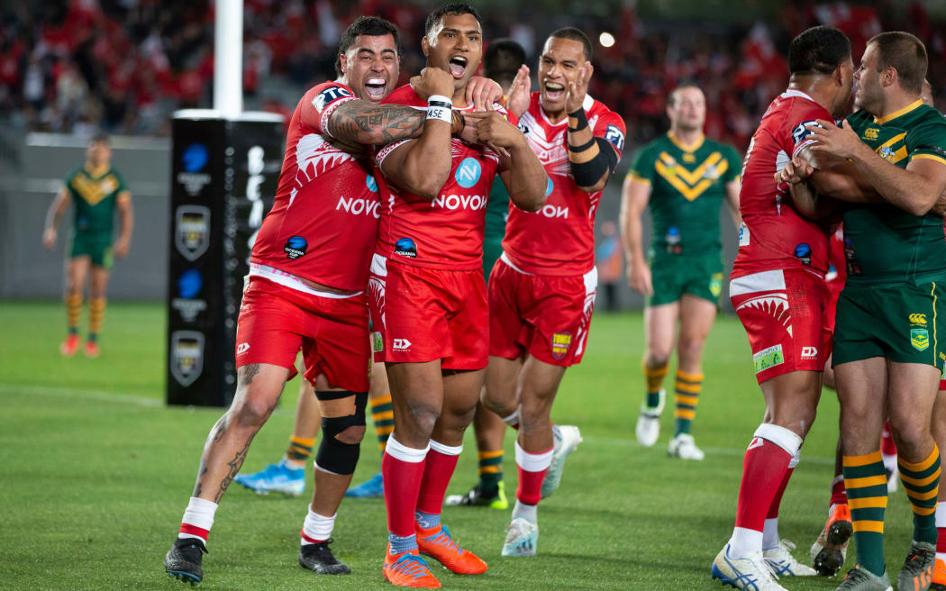 Tonga TEVITA PANGAI celebrates his try, during the rugby league match between the Australian Kangaroos and Tonga Invitational XIII at Eden Park, Auckland.  02 November  2019