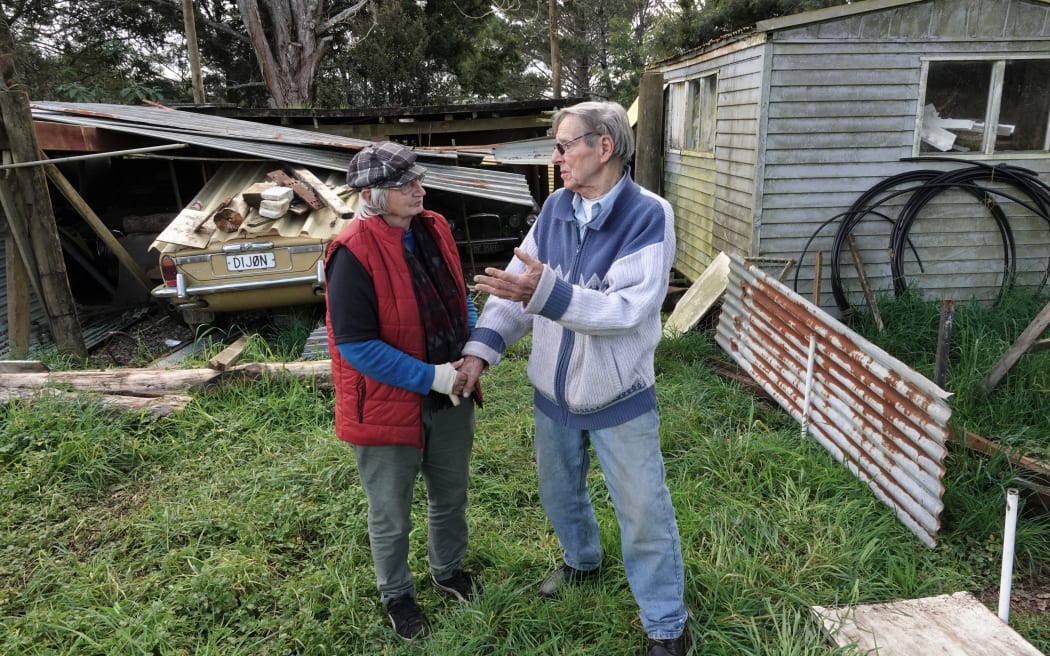 Linda Bracken, of Kaikohe, calls in to offer help to Arnold Kalnins after a house fire forced him to live in his tool shed.