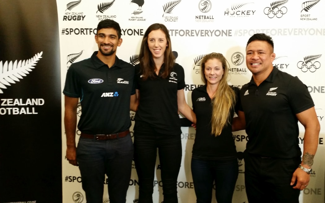 Keven Mealamu (right) joins with fellow athletes to stand against discrimination in sport.