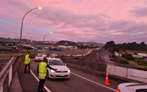 Traffic at Mercer checkpoint - Auckland border at level 3. Photo taken on morning of 1/03/2021