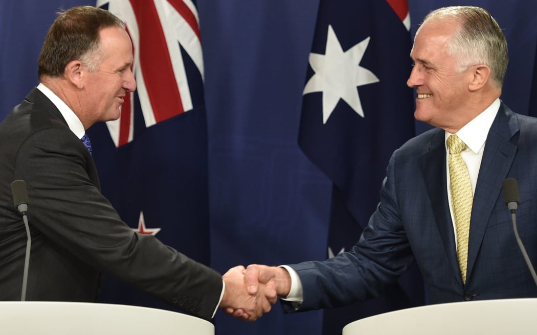 New Zealand Prime Minister John Key (L) and Australia's Prime Minister Malcolm Turnbull shake hands at the joint press conference in Sydney.