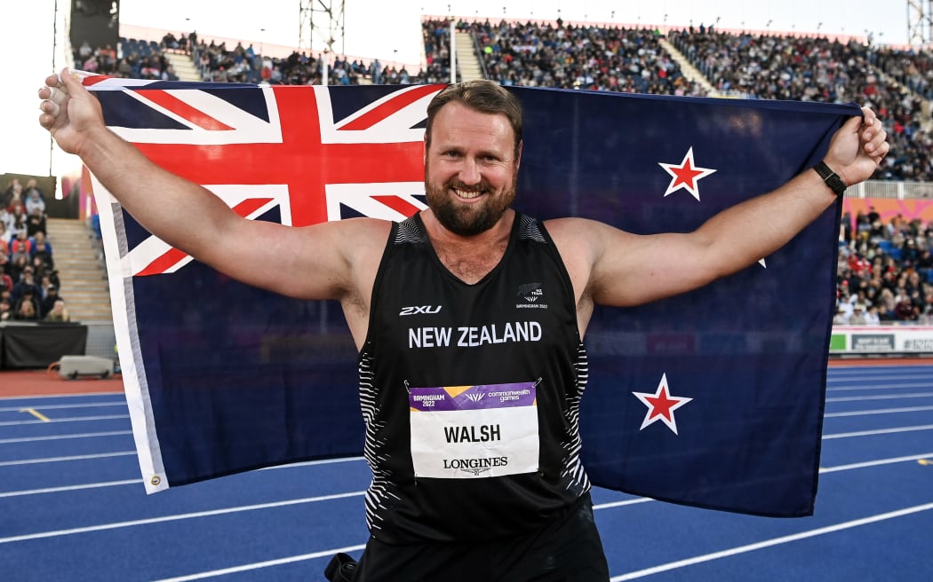 Tom Walsh of New Zealand celebrates winning the Gold medal at the Men's Shot Put Final at the Birmingham 2022 Commonwealth Games.