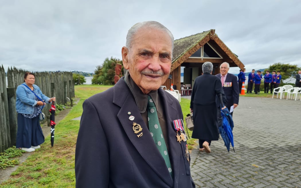Sir Robert "Bom" Gillies, the last remaining member of the 28 Māori Batallion, at a ceremony to award the batallion's 42 Campaign and Battle Honours and raise their flag with the honours on it.