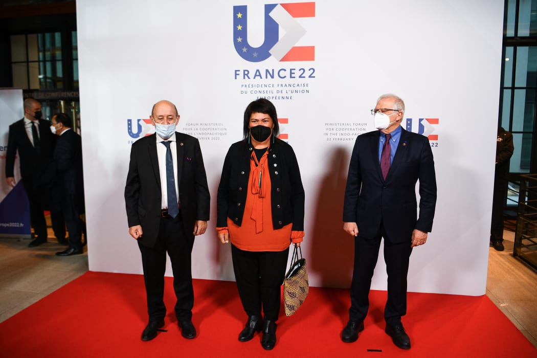 French Foreign Minister Jean-Yves Le Drian (left) and High Representative of the EU for Foreign Affairs and Security Policy Josep Borrell (right) welcome NZ's Minister of Foreign Affairs Nanaia Mahuta during the Indo-Pacific Ministerial Cooperation Forum in Paris, on February 22, 2022.