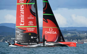Team New Zealand off their foils, America's Cup race 8, 2021.