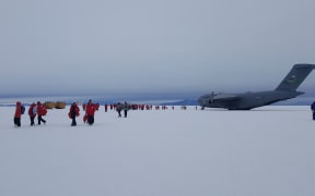 A US Airforce C17 Globemaster on the Phoenix airfield near Scott Base and McMurdo Station on the Ross ice shelf.