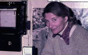 Edith Farkas with meteorological instruments at the base during her time in Antarctica.