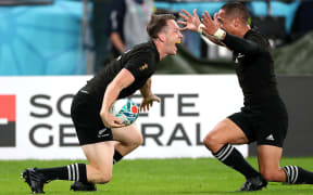 2019 Rugby World Cup Bronze Final, Tokyo Stadium, Tokyo, Japan 1/11/2019
New Zealand vs Wales
New Zealand's Ben Smith celebrates scoring their fourth try with Aaron Smith